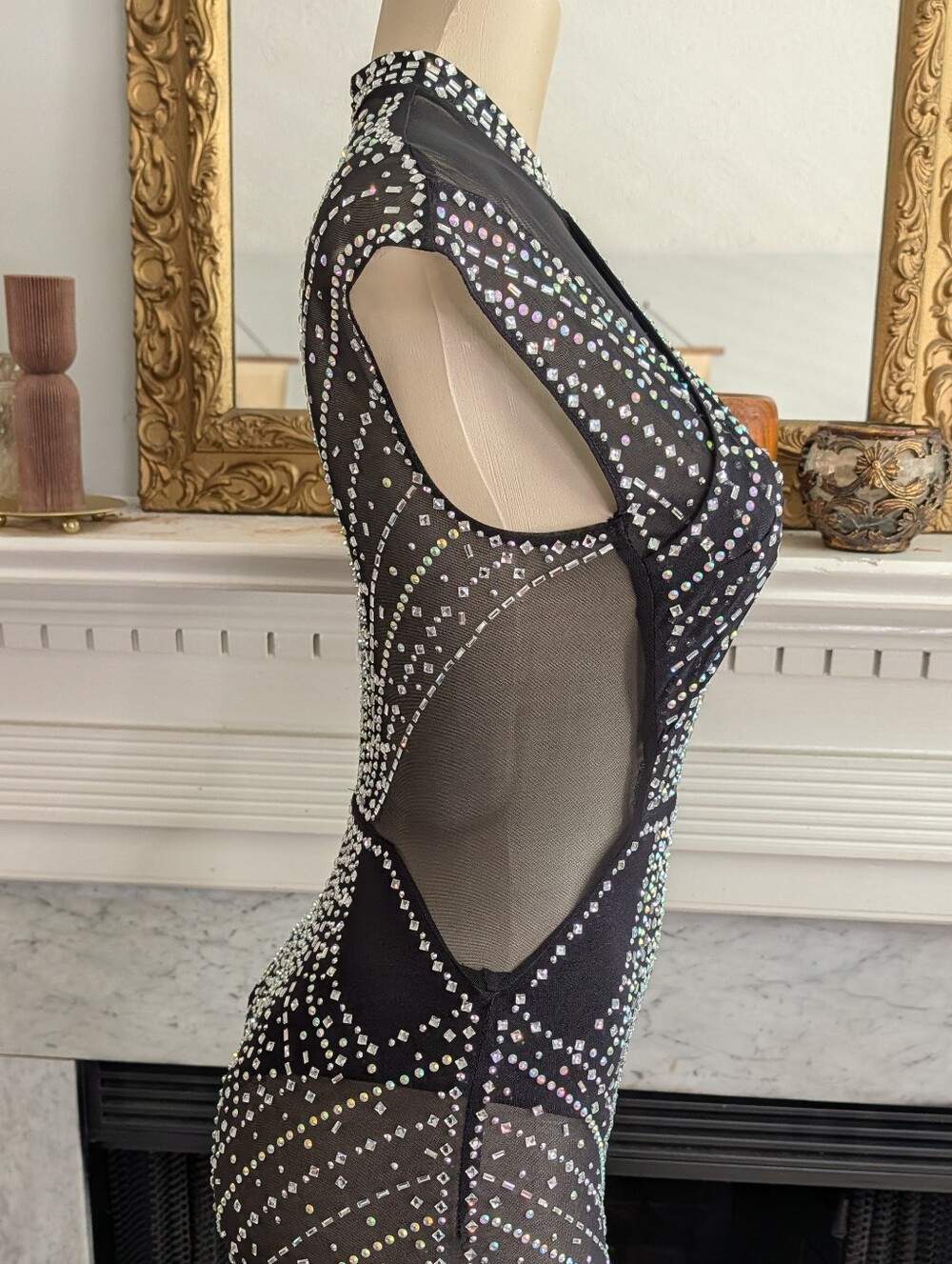 Fashion Nova Sheer Black Rhinestone Yara Bodysuit Size S Mesh Stretch Rave Bling - Picture 10 of 12